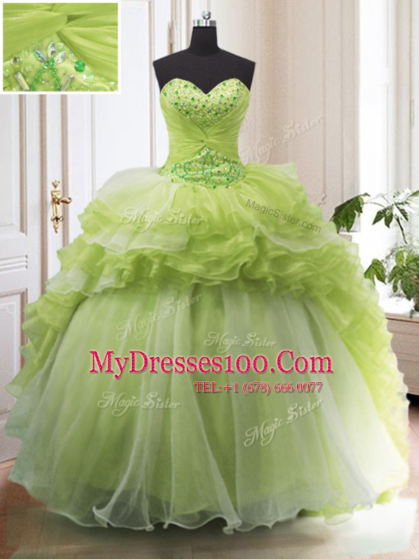 Yellow Green Ball Gowns Sweetheart Sleeveless Organza With Train Sweep Train Lace Up Beading and Ruffled Layers Quinceanera Dresses