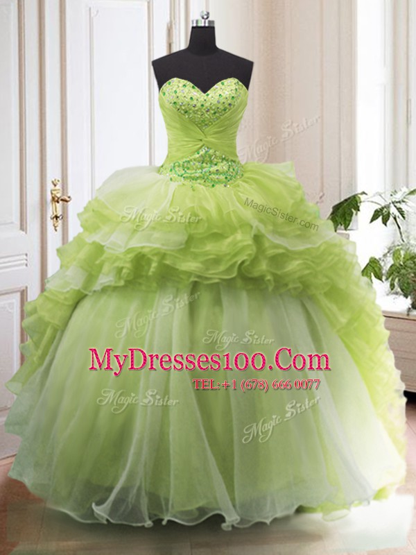 Yellow Green Ball Gowns Sweetheart Sleeveless Organza With Train Sweep Train Lace Up Beading and Ruffled Layers Quinceanera Dresses