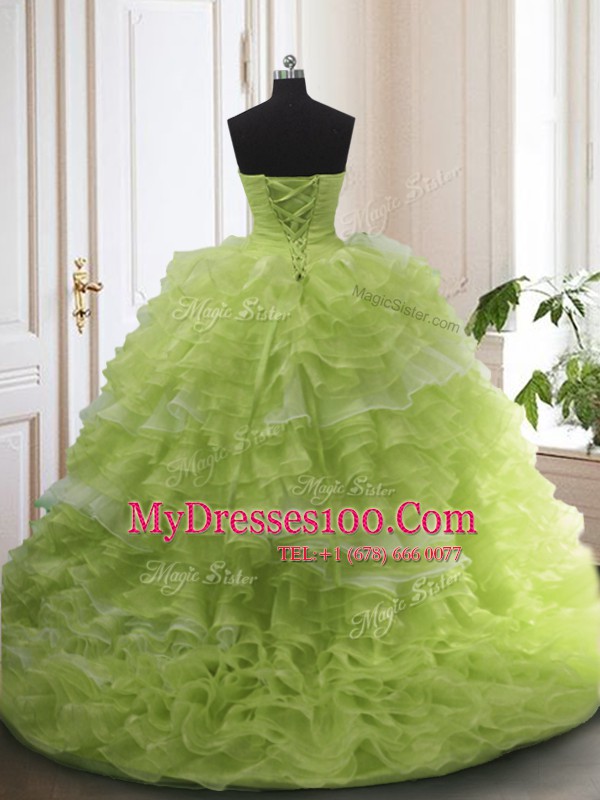 Yellow Green Ball Gowns Sweetheart Sleeveless Organza With Train Sweep Train Lace Up Beading and Ruffled Layers Quinceanera Dresses