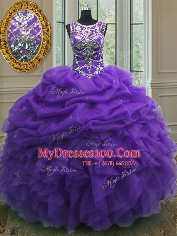 Purple Quinceanera Gowns Military Ball and Sweet 16 and Quinceanera and For with Beading and Ruffles and Pick Ups Scoop Sleeveless Lace Up