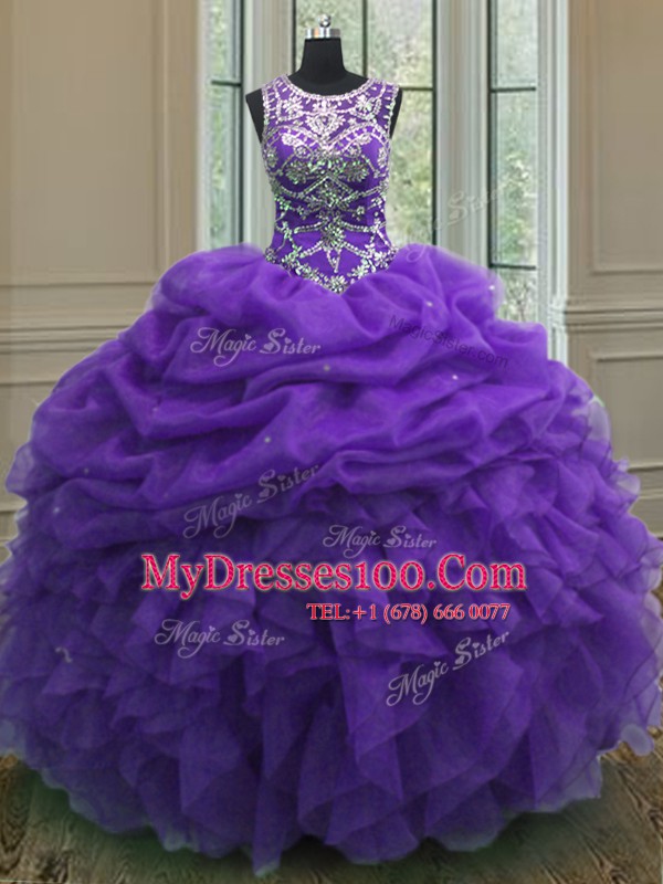 Purple Quinceanera Gowns Military Ball and Sweet 16 and Quinceanera and For with Beading and Ruffles and Pick Ups Scoop Sleeveless Lace Up