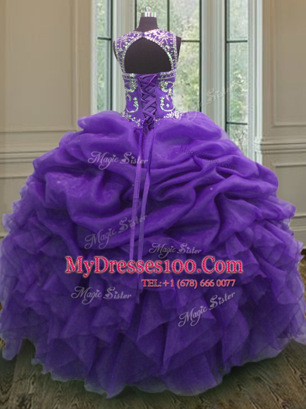 Purple Quinceanera Gowns Military Ball and Sweet 16 and Quinceanera and For with Beading and Ruffles and Pick Ups Scoop Sleeveless Lace Up