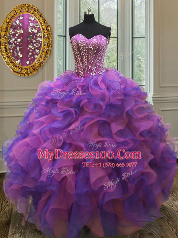 Flare Multi-color Quinceanera Gown Military Ball and Sweet 16 and Quinceanera and For with Beading and Ruffles Sweetheart Sleeveless Lace Up