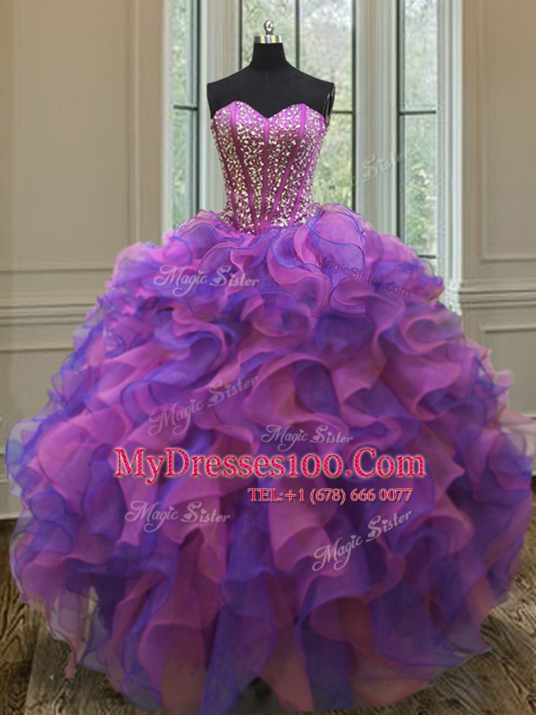 Flare Multi-color Quinceanera Gown Military Ball and Sweet 16 and Quinceanera and For with Beading and Ruffles Sweetheart Sleeveless Lace Up