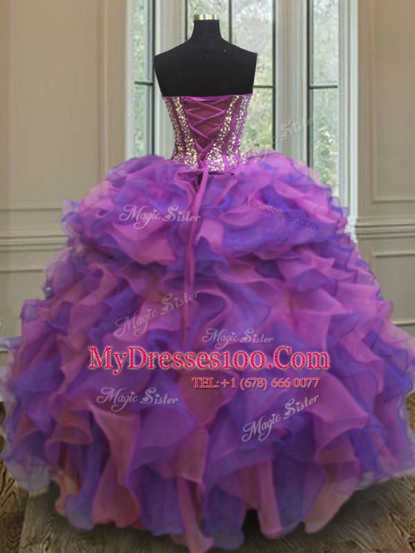 Flare Multi-color Quinceanera Gown Military Ball and Sweet 16 and Quinceanera and For with Beading and Ruffles Sweetheart Sleeveless Lace Up