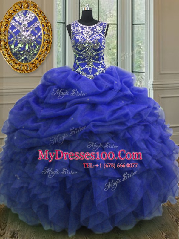Royal Blue Organza Lace Up Scoop Sleeveless Floor Length Sweet 16 Dresses Beading and Ruffles and Pick Ups