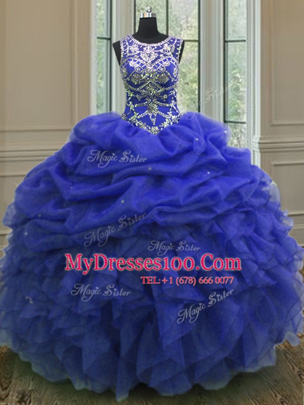 Royal Blue Organza Lace Up Scoop Sleeveless Floor Length Sweet 16 Dresses Beading and Ruffles and Pick Ups