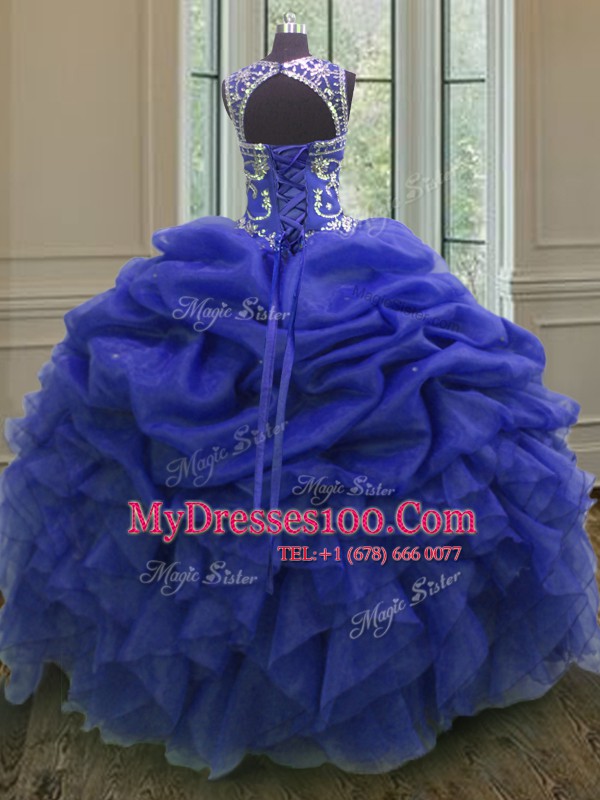 Royal Blue Organza Lace Up Scoop Sleeveless Floor Length Sweet 16 Dresses Beading and Ruffles and Pick Ups