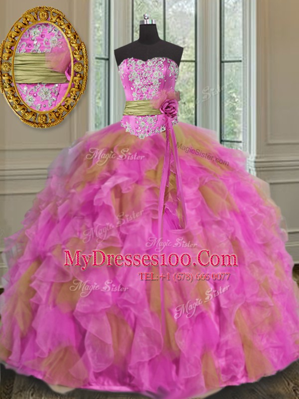 Floor Length Multi-color Quinceanera Dresses Organza Sleeveless Beading and Ruffles and Sashes ribbons