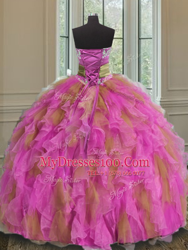 Floor Length Multi-color Quinceanera Dresses Organza Sleeveless Beading and Ruffles and Sashes ribbons