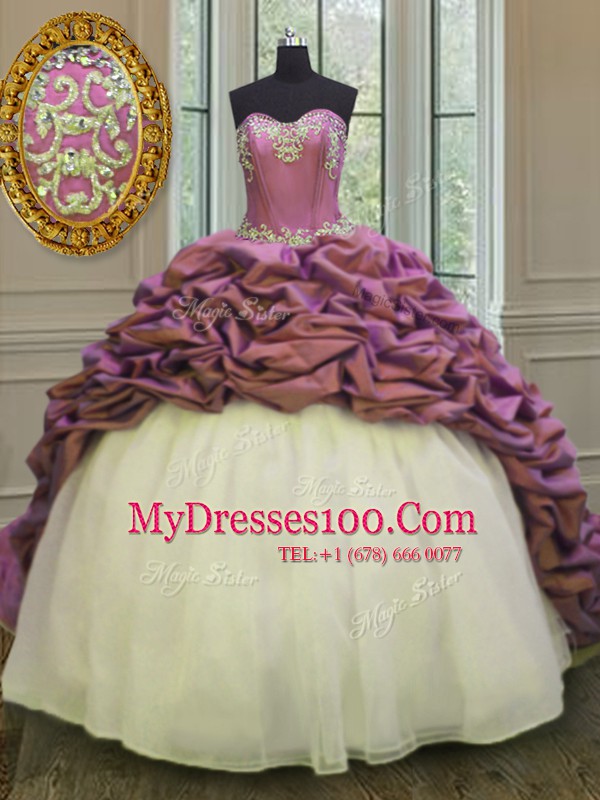 White And Purple Sweetheart Lace Up Beading and Appliques and Pick Ups 15th Birthday Dress Sweep Train Sleeveless