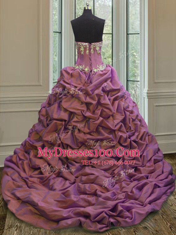 White And Purple Sweetheart Lace Up Beading and Appliques and Pick Ups 15th Birthday Dress Sweep Train Sleeveless