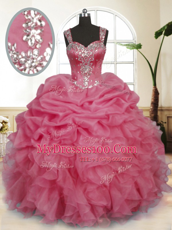 Pink Ball Gowns Organza Straps Sleeveless Beading and Ruffles and Pick Ups Floor Length Zipper 15th Birthday Dress