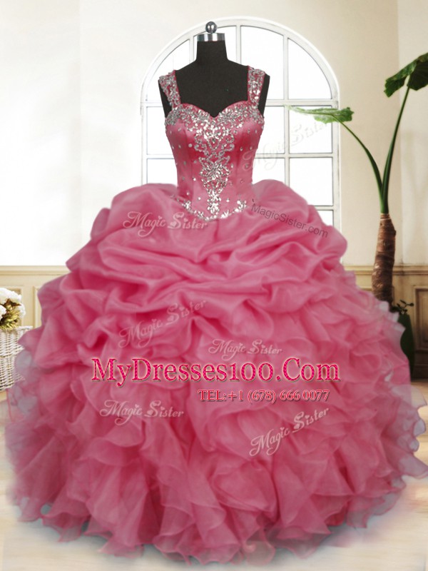 Pink Ball Gowns Organza Straps Sleeveless Beading and Ruffles and Pick Ups Floor Length Zipper 15th Birthday Dress