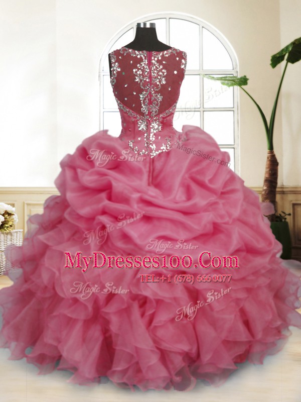 Pink Ball Gowns Organza Straps Sleeveless Beading and Ruffles and Pick Ups Floor Length Zipper 15th Birthday Dress