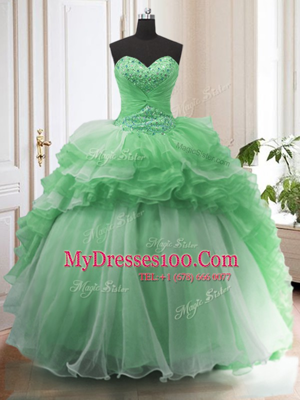 Fantastic Green Lace Up Sweet 16 Quinceanera Dress Beading and Ruffled Layers Sleeveless Sweep Train
