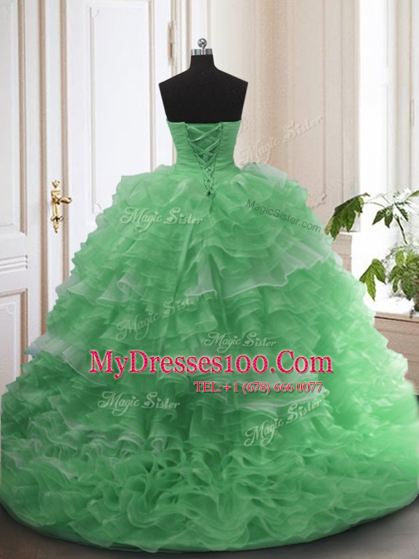 Fantastic Green Lace Up Sweet 16 Quinceanera Dress Beading and Ruffled Layers Sleeveless Sweep Train