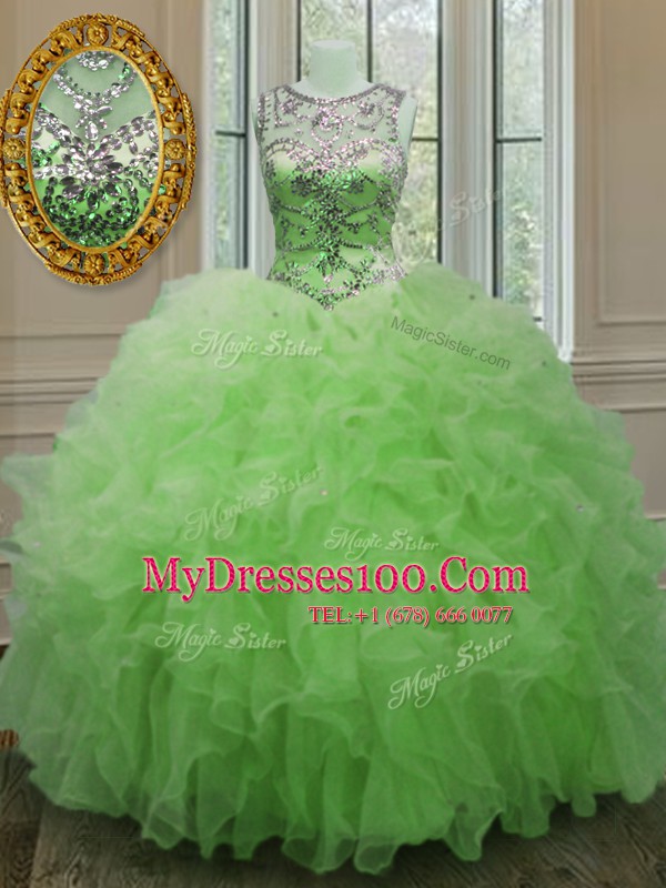 Suitable Organza Lace Up Scoop Sleeveless Floor Length Sweet 16 Dress Beading and Ruffles