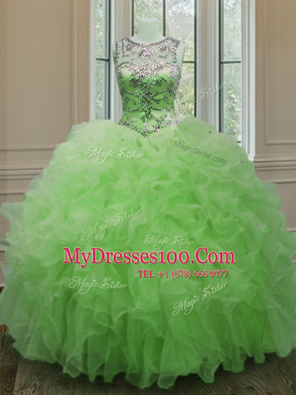 Suitable Organza Lace Up Scoop Sleeveless Floor Length Sweet 16 Dress Beading and Ruffles