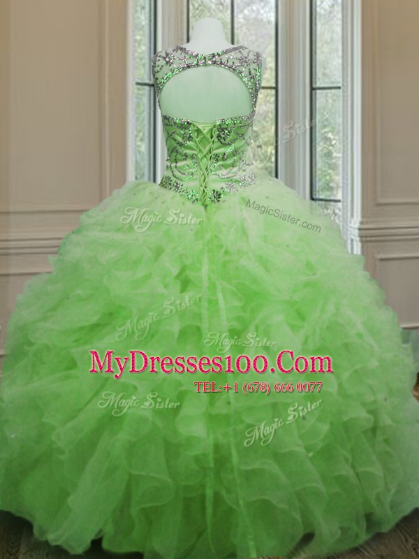 Suitable Organza Lace Up Scoop Sleeveless Floor Length Sweet 16 Dress Beading and Ruffles