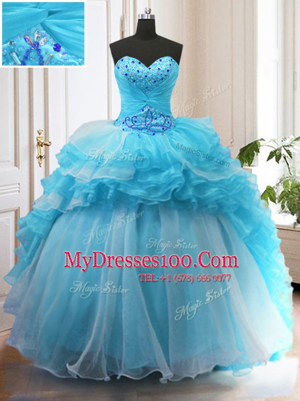 Customized Baby Blue Ball Gowns Organza Sweetheart Sleeveless Beading and Ruffled Layers Lace Up Quinceanera Gowns Sweep Train