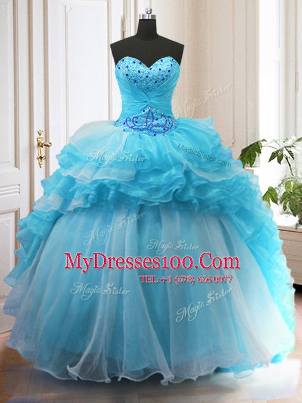 Customized Baby Blue Ball Gowns Organza Sweetheart Sleeveless Beading and Ruffled Layers Lace Up Quinceanera Gowns Sweep Train