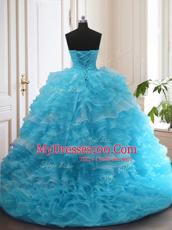 Customized Baby Blue Ball Gowns Organza Sweetheart Sleeveless Beading and Ruffled Layers Lace Up Quinceanera Gowns Sweep Train