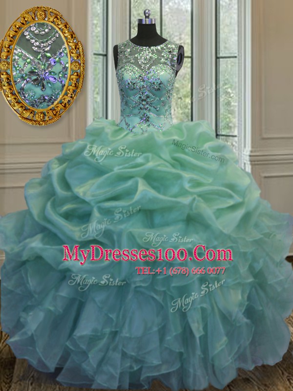 Amazing Scoop Sleeveless Organza Floor Length Lace Up Ball Gown Prom Dress in Green with Beading and Ruffles and Pick Ups