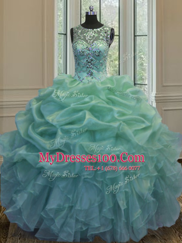Amazing Scoop Sleeveless Organza Floor Length Lace Up Ball Gown Prom Dress in Green with Beading and Ruffles and Pick Ups