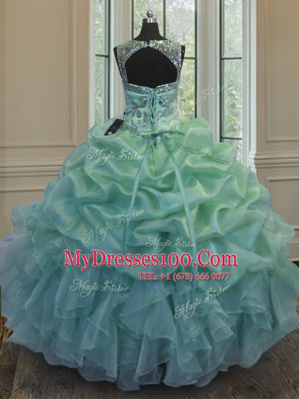 Amazing Scoop Sleeveless Organza Floor Length Lace Up Ball Gown Prom Dress in Green with Beading and Ruffles and Pick Ups
