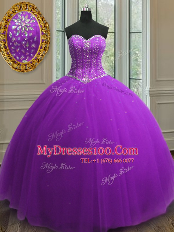 Beading and Sequins 15 Quinceanera Dress Purple Lace Up Sleeveless Floor Length