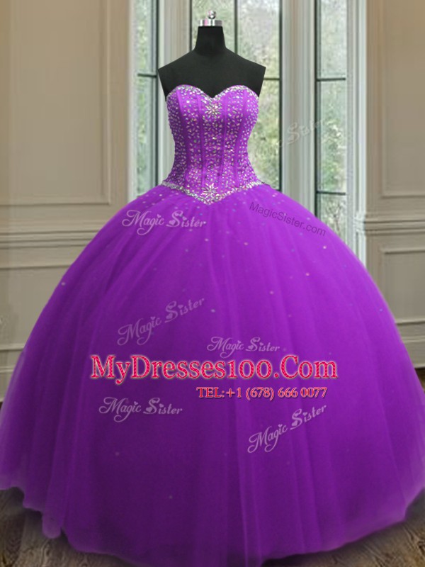 Beading and Sequins 15 Quinceanera Dress Purple Lace Up Sleeveless Floor Length