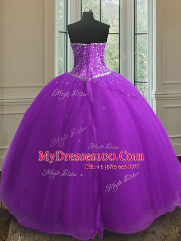 Beading and Sequins 15 Quinceanera Dress Purple Lace Up Sleeveless Floor Length