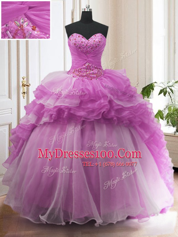 Stylish Lilac Sweetheart Neckline Beading and Ruffled Layers Quinceanera Dress Sleeveless Lace Up