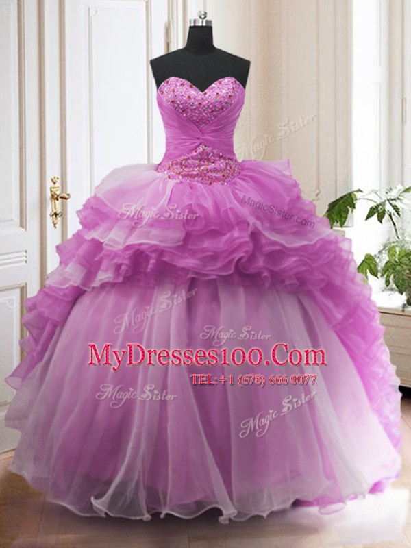 Stylish Lilac Sweetheart Neckline Beading and Ruffled Layers Quinceanera Dress Sleeveless Lace Up