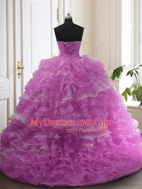 Stylish Lilac Sweetheart Neckline Beading and Ruffled Layers Quinceanera Dress Sleeveless Lace Up