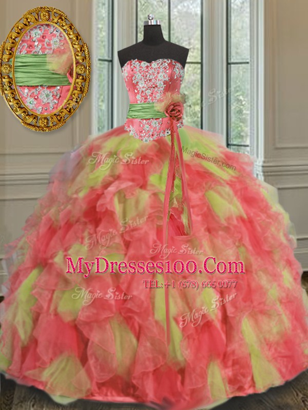 Glamorous Multi-color Ball Gowns Sweetheart Sleeveless Organza Floor Length Lace Up Beading and Ruffles and Sashes ribbons Quinceanera Dress