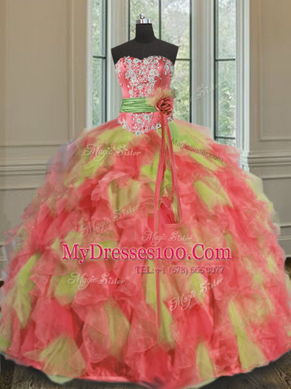 Glamorous Multi-color Ball Gowns Sweetheart Sleeveless Organza Floor Length Lace Up Beading and Ruffles and Sashes ribbons Quinceanera Dress