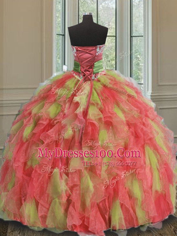 Glamorous Multi-color Ball Gowns Sweetheart Sleeveless Organza Floor Length Lace Up Beading and Ruffles and Sashes ribbons Quinceanera Dress