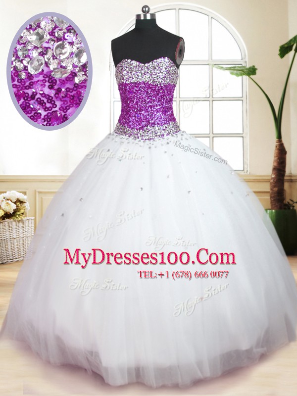 Fashionable Tulle Sleeveless Floor Length Quince Ball Gowns and Beading