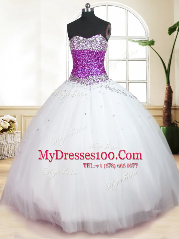 Fashionable Tulle Sleeveless Floor Length Quince Ball Gowns and Beading