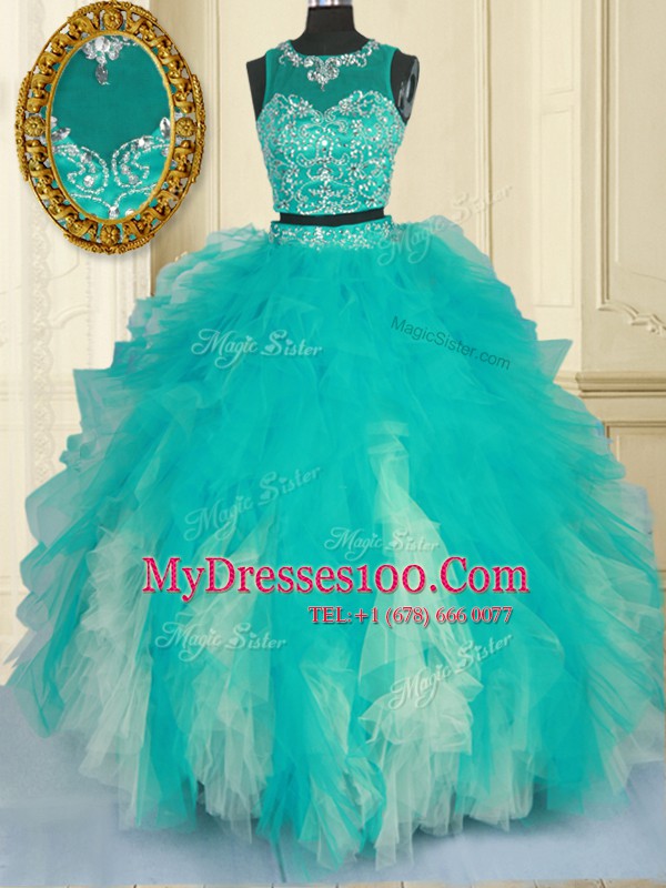 Dazzling Scoop Turquoise Zipper Sweet 16 Dresses Beading and Ruffles Sleeveless Floor Length