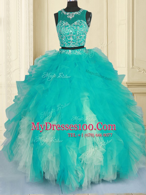 Dazzling Scoop Turquoise Zipper Sweet 16 Dresses Beading and Ruffles Sleeveless Floor Length