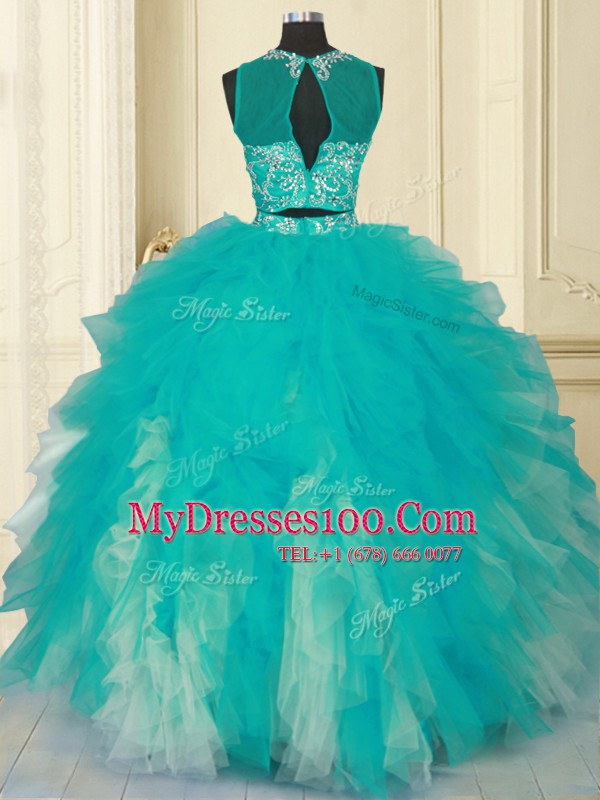 Dazzling Scoop Turquoise Zipper Sweet 16 Dresses Beading and Ruffles Sleeveless Floor Length