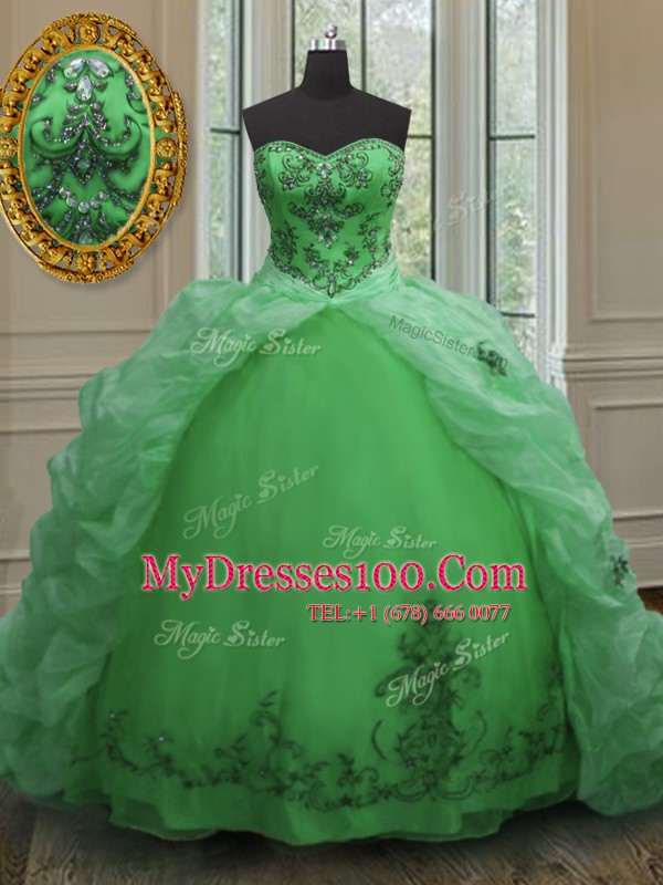 Low Price Green Organza Lace Up Sweetheart Sleeveless With Train Quinceanera Gown Court Train Beading and Appliques and Pick Ups