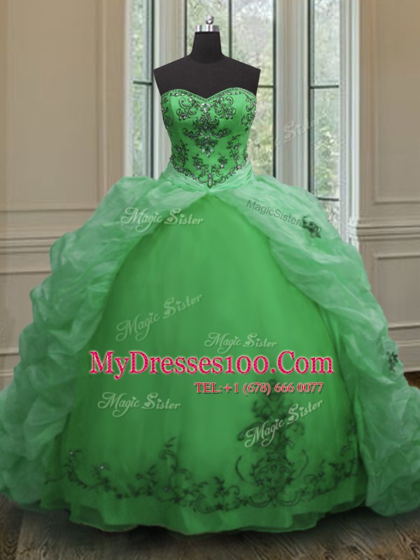 Low Price Green Organza Lace Up Sweetheart Sleeveless With Train Quinceanera Gown Court Train Beading and Appliques and Pick Ups