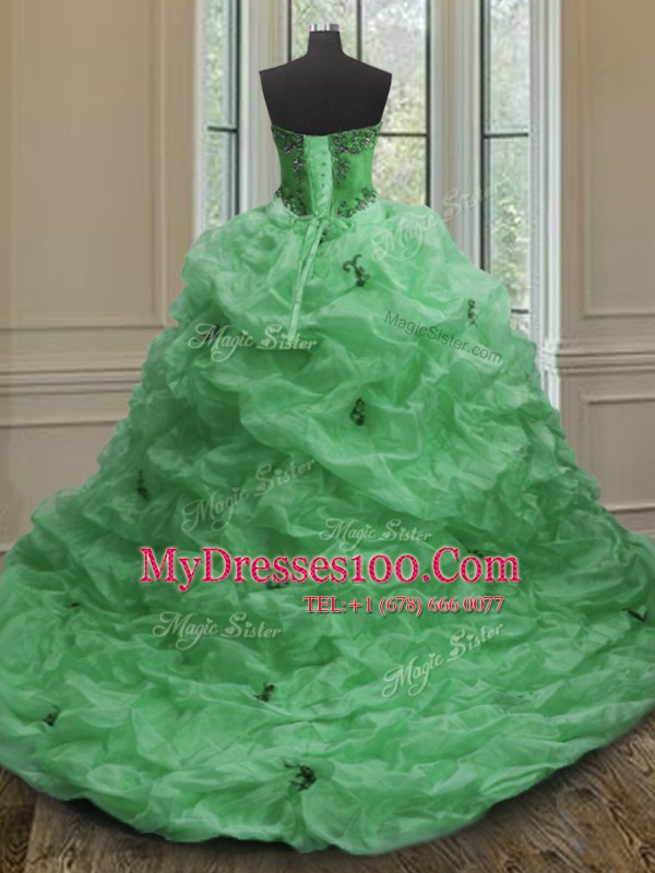 Low Price Green Organza Lace Up Sweetheart Sleeveless With Train Quinceanera Gown Court Train Beading and Appliques and Pick Ups