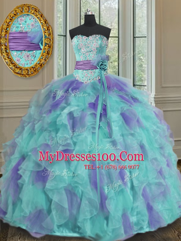 Modern Floor Length Multi-color Quinceanera Gown Organza Sleeveless Beading and Appliques and Ruffles and Sashes ribbons and Hand Made Flower