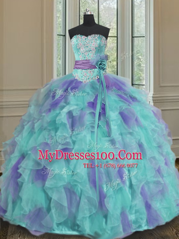 Modern Floor Length Multi-color Quinceanera Gown Organza Sleeveless Beading and Appliques and Ruffles and Sashes ribbons and Hand Made Flower