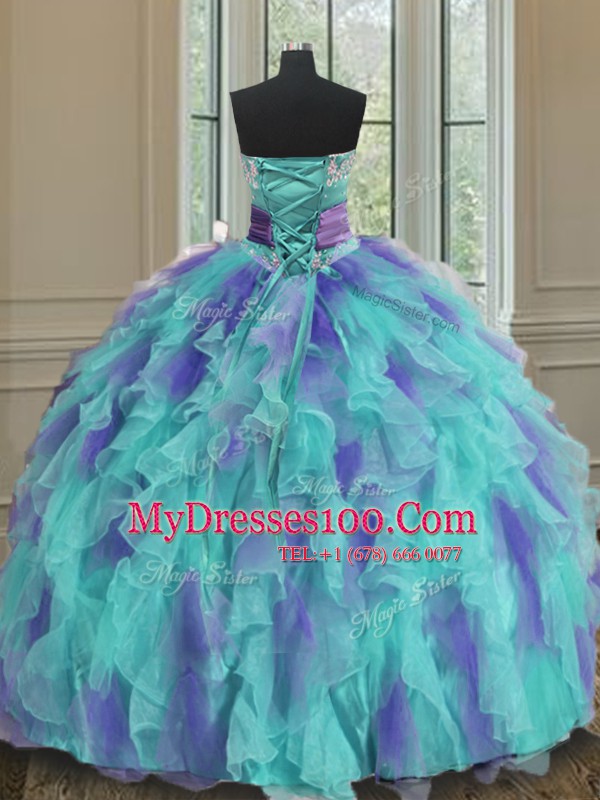 Modern Floor Length Multi-color Quinceanera Gown Organza Sleeveless Beading and Appliques and Ruffles and Sashes ribbons and Hand Made Flower